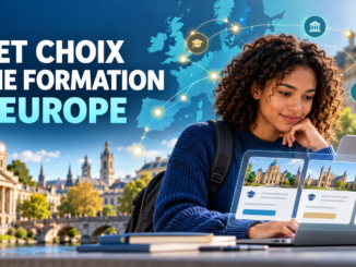 Étudiante utilisant l’intelligence artificielle pour comparer des formations universitaires en Europe.