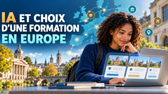 Étudiante utilisant l’intelligence artificielle pour comparer des formations universitaires en Europe.