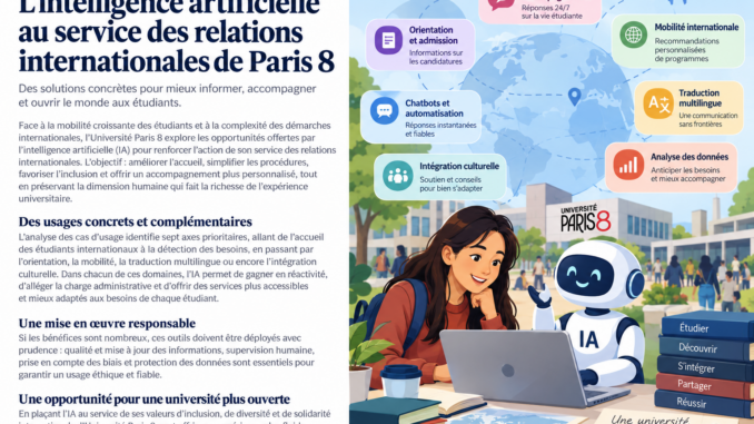Illustration de l’intelligence artificielle au service des relations internationales de l’Université Paris 8, présentant l’accueil des étudiants internationaux, la mobilité universitaire, la traduction multilingue et l’accompagnement numérique.