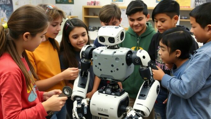Children surround and interact with a large robot